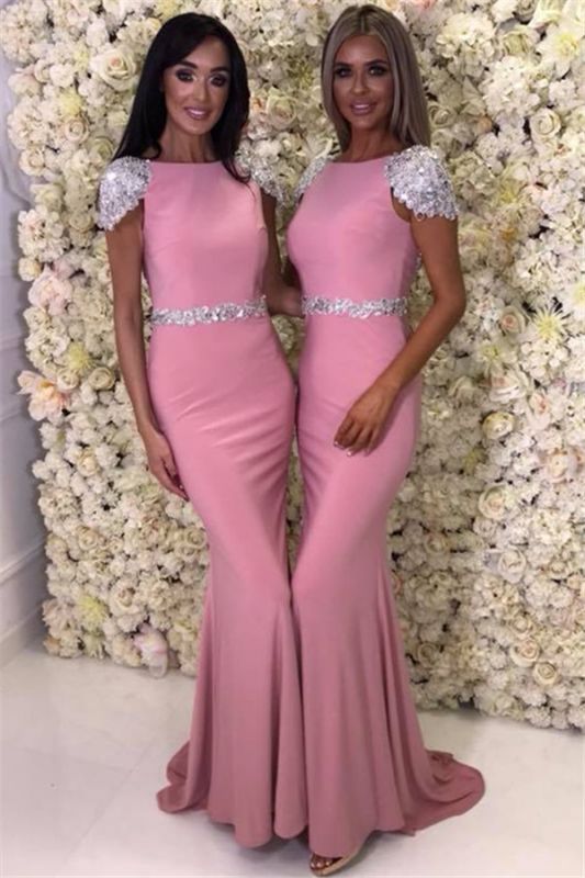 Cap Sleeve Silver Beads Crystals Bridesmaid Dresses UK Cheap | Open Back Spring Pink Maid Of Honor Dress