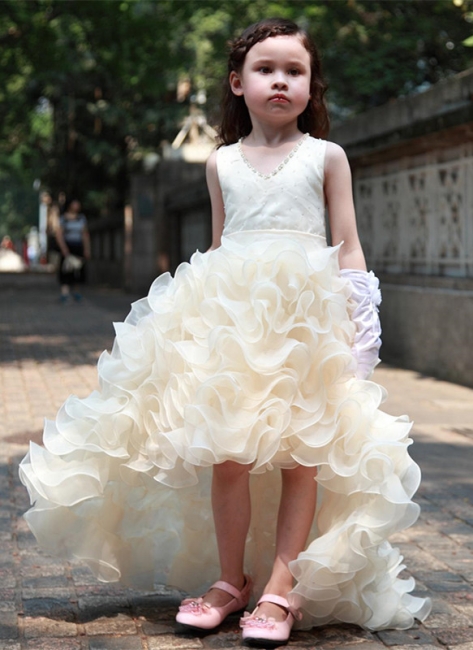 Cute V-Neck Organza Princess Girl Dress Bowknot Hi-Lo Sleeveless UK Flower Girl Dresses