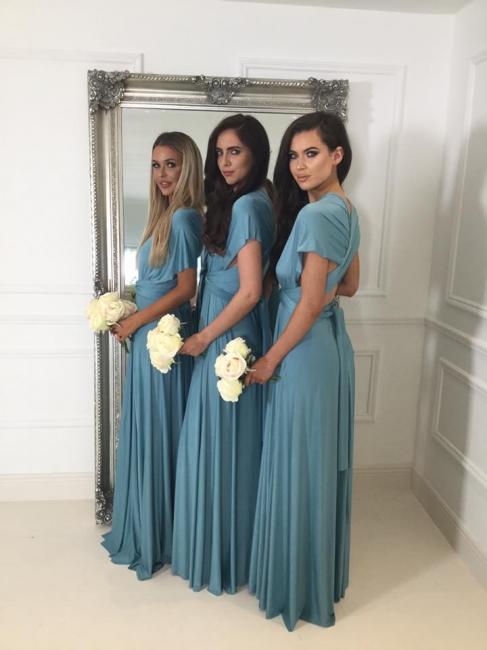 Deep V-neck Convertible Bridesmaid Dresses UK Cheap | Floor Length Spring Blue Chiffon Wedding Party Dress
