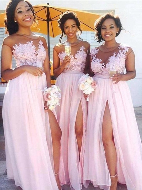 Exquisite Summer Pink Chiffon Bridesmaid Dresses UK | Scoop Cap Sleeves Side Slit Long Wedding Party Dresses