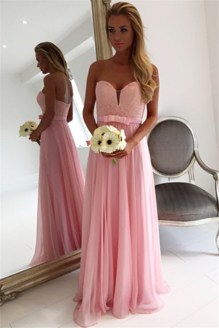 Sweetheart Pink Lace Chiffon Bridesmaid Dresses UK | Open Back Cheap Blowknot Maid Of Honor Dress