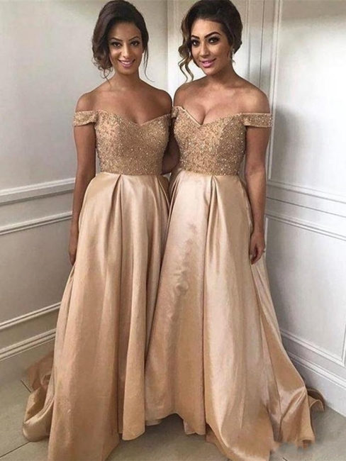 Geogrous Summer Bridesmaid Dresses UK | Off-The-Shoulder Beading Maid Of The Honor Dresses
