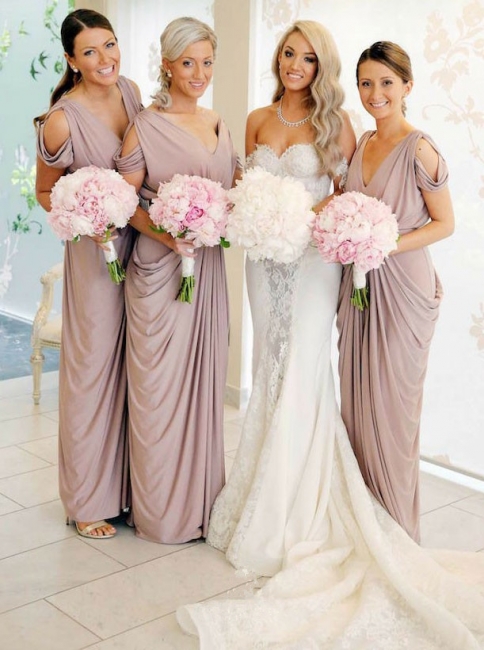 Simple V-Neck Column Bridesmaid Dresses UK | Floor Length Ruffles Evening Dress