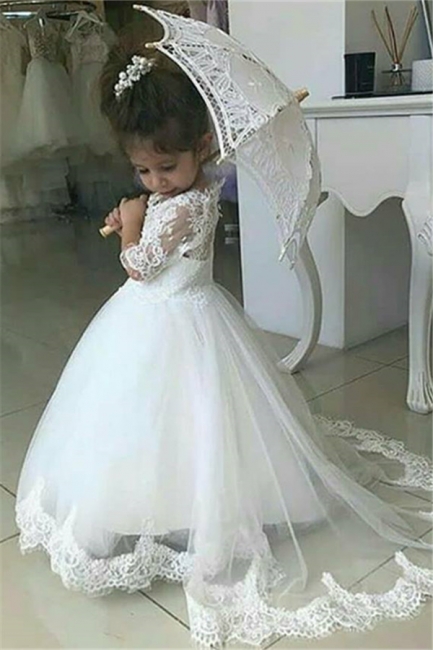 Cute Half Sleeves Lace UK Flower Girl Dresses | Tulle Puffy Wedding Party Dresses