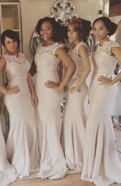 Newest Lace Sexy Trumpt Illusion Bridesmaid Dress Cap Sleeve