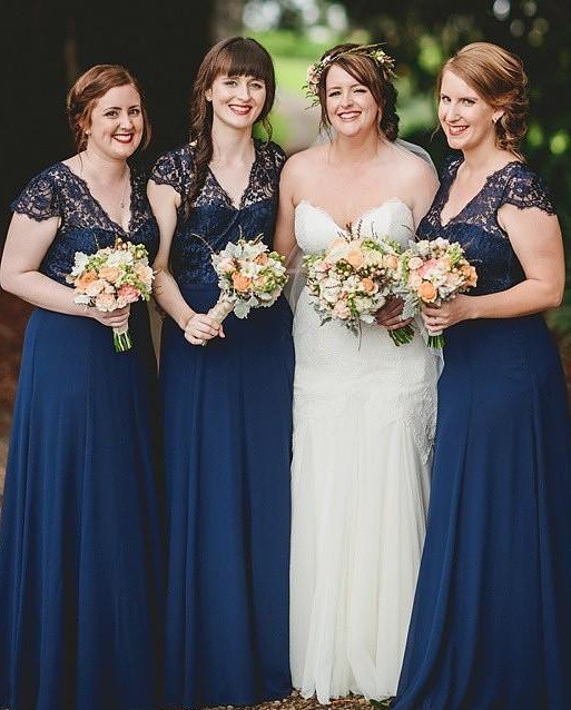 Romance Navy Blue Lace Chiffon Long Bridesmaid Dresses UK