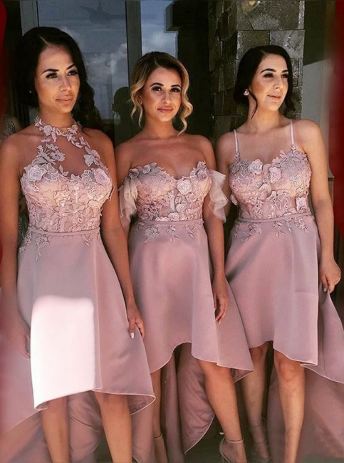 Pink Asymmetrical Appliques Bridesmaid Dresses UK | Summer Sleeveless Maid of Honor