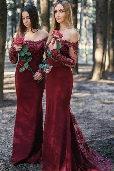 Long Sleeve Lace Burgundy Bridesmaid Dresses UK Long | Spring Cheap Maid of Honor Dresses