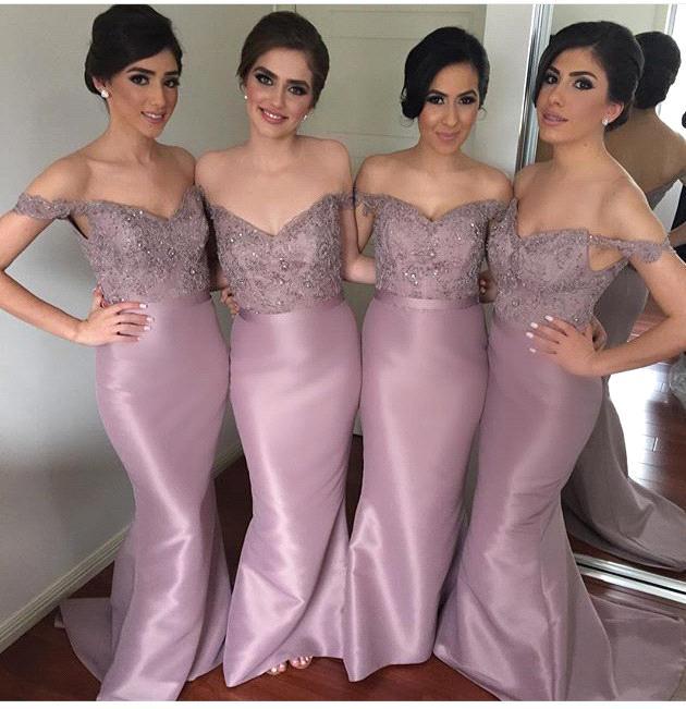 Elegant Lace Appliques Bridesmaid Dresses UK Sexy Trumpt Off-the-Shoulder Maid of Honor Dress