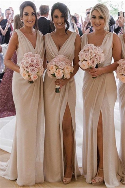 Elegant V-Neck Sleeveless Long Bridesmaid Dresses UK | Cheap Side Slit Ruffles Bridesmaid Dress BM0203-BC0219