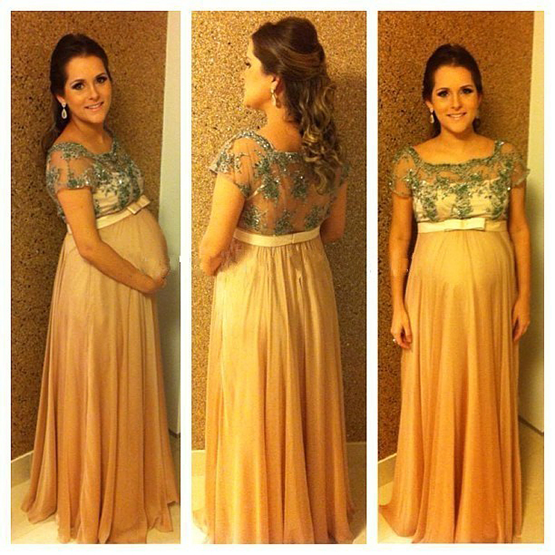 Ball-Gown Bow Long Chiffon Short-Sleeves Pregnant Beading Bridesmaid Dress