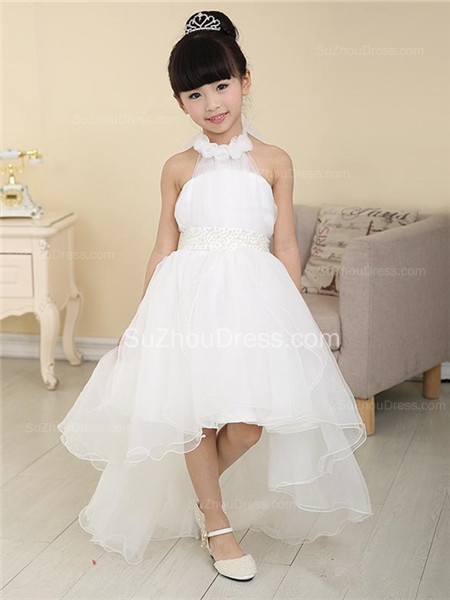 White UK Flower Girl Dresses Halter Bow Hi Lo Ruched Cute A Line Organza Pageant Dress