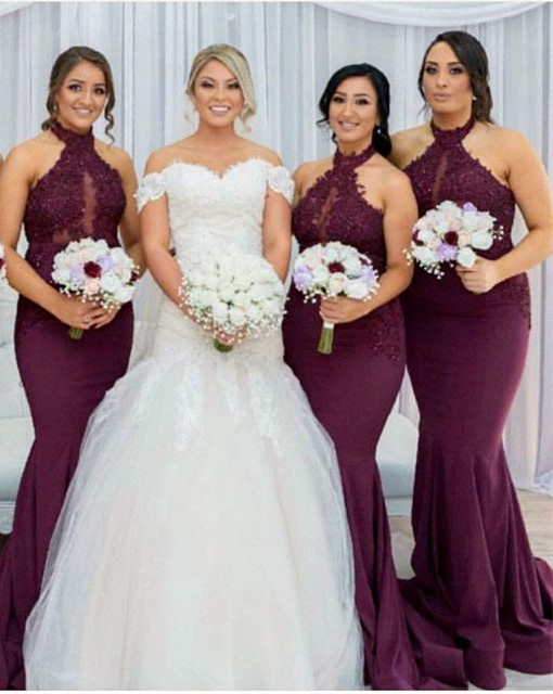 Maroon Halter Appliques Bridesmaid Dresses UK | Sexy Trumpt Sleeveless Wedding Party Dress