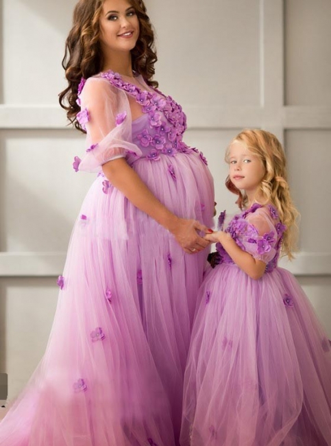 Ball-Gowwn Sweep-Train Half-Sleeves Tulle Appiluqes Flowers Maternity Bridesmaid Dress