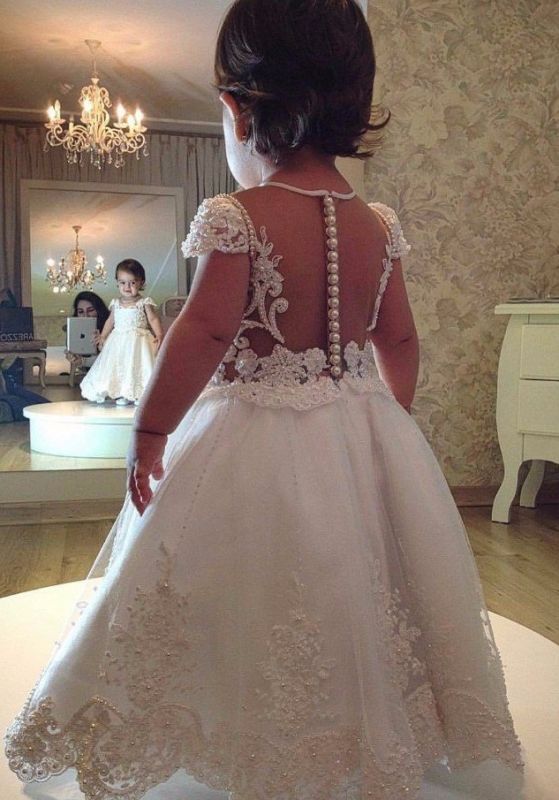 Modest Short-Sleeves Pearls Lace UK Flower Girl Dress