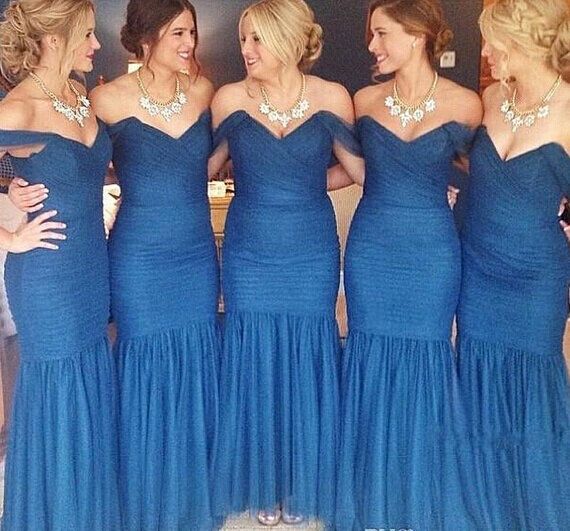 Blue Ruched Sexy Trumpt Bridesmaid Dresses UK Off the shoulder Maid of Honor Dresses