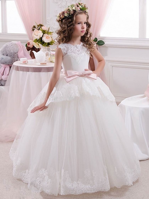 Tulle Lace Scoop UK Flower Girl Dresses | Sleeveless Floor Length Puffy Girls Party Dresses