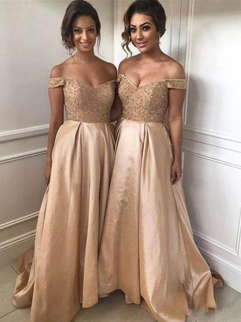 Summer Cute Sweetheart Long Bridesmaid Dresses UK | Off Shoulder Sweep Train Maid of the Honor Dresses with Beadings