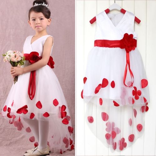 Cute White V-Neck Hi-Lo UK Flower Girl Dresses Unique Cheap Tulle Puffy Chidern Dresses with Belt