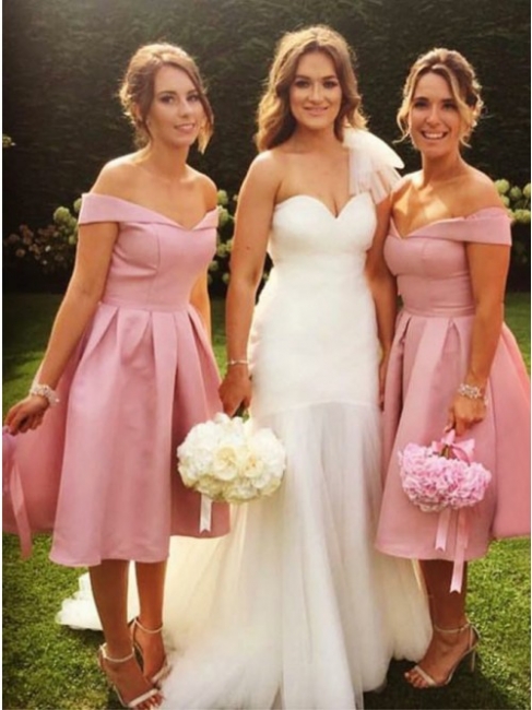 Elegant Off-the-Shoulder Wedding Party Dresses | Simple Pink Summer Bridesmaid Dresses UK