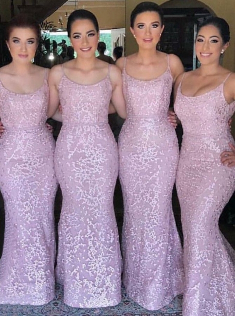 Spaghetti Straps Pink Bridesmaid Dresses UK Cheap | Sleeveless Spring Maid of Honor Dresses Long