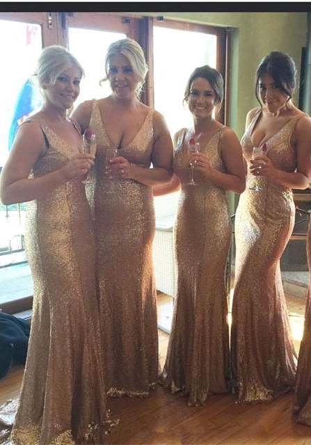Stunnning V-Neck Sequins Gold Bridesmaid Dresses UK Plus Size Long Floor Length