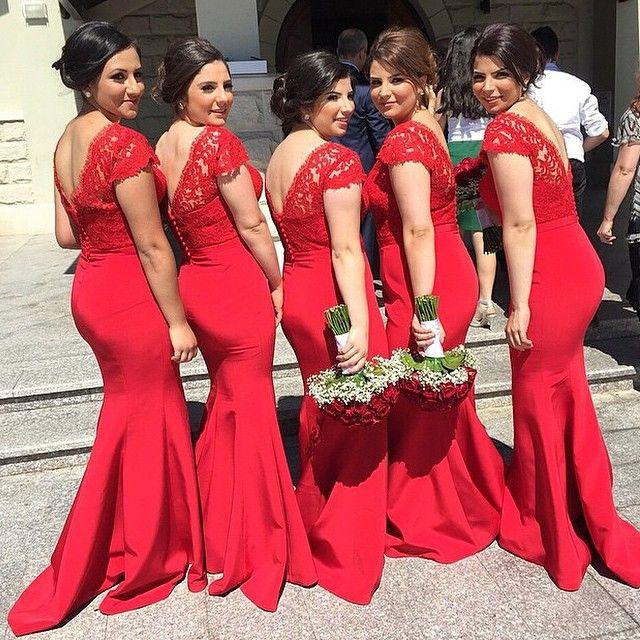 Spring Red Lace V-Neck Sexy Trumpt Bridesmaid Dresses UK Sweep Train Maid of Honor Dresses with Buttons
