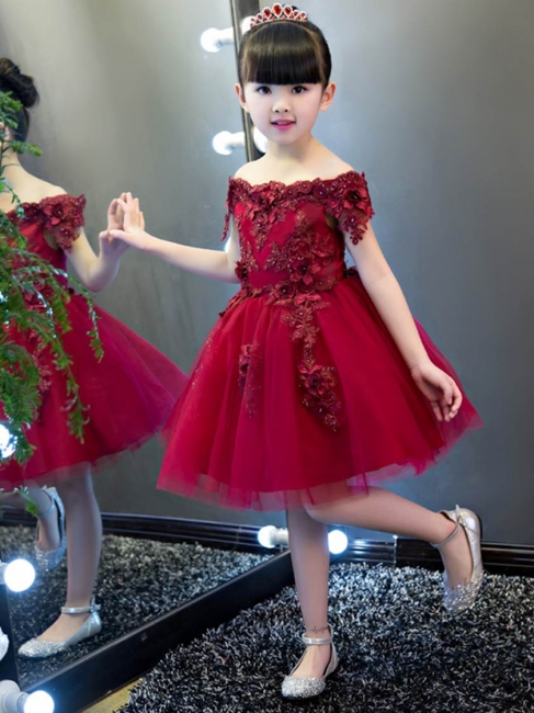 Cute Tulle Off-The-Shoulder Short Sleeves Knee-Length UK Flower Girl Dress