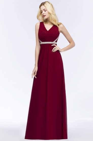 Summer Long Sleeveless V-neck Ruffled Chiffon Bridesmaid Dresses UK with Beading Sash_4