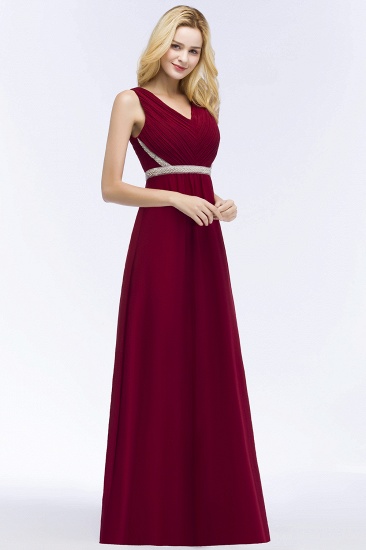 Summer Long Sleeveless V-neck Ruffled Chiffon Bridesmaid Dresses UK with Beading Sash_5