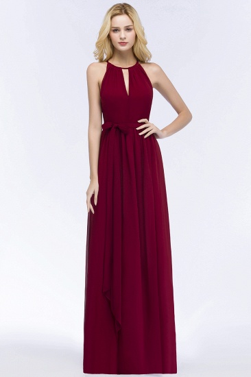 Summer Halter Floor Length Burgundy Bridesmaid Dresses UK with Bow Sash_1