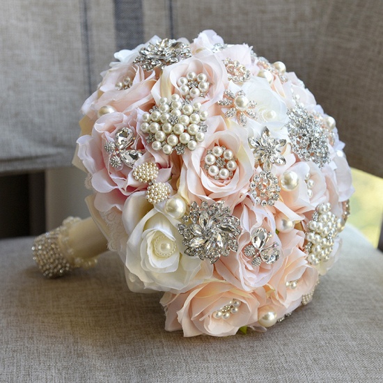 Shiny Crystal Beading Silk Rose Wedding Bouquet UK in White and Pink_3