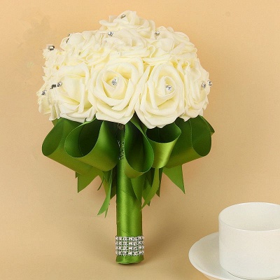 Ivory Silk Beading Rose Bouquet with Colorful Ribbons_1