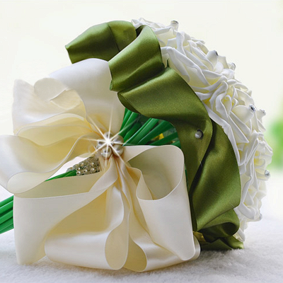 Ivory Silk Beading Rose Bouquet with Colorful Ribbons_5