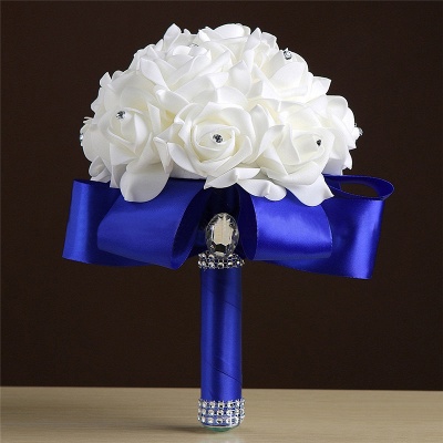 White Silk Rose Crystal Beading Bouquet in Colorful Handles_6