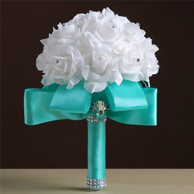 White Silk Rose Crystal Beading Bouquet in Colorful Handles_7