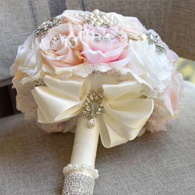 Shiny Crystal Beading Silk Rose Wedding Bouquet UK in White and Pink_5