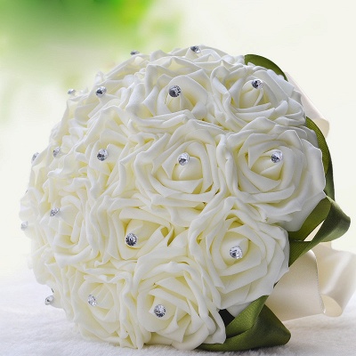 Ivory Silk Beading Rose Bouquet with Colorful Ribbons_3
