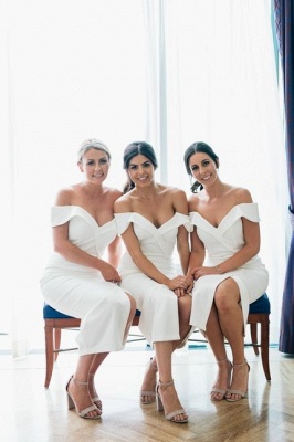 Off The Shoulder Spring Bridesmaid Dresses UK | Front Split Cheap White Maid of Honor Dress_1