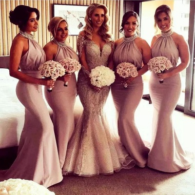 Elegant Halter Sexy Trumpt Bridesmaid Dresses UK | Spring Ruched Long Wedding Party Dresses_3