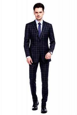 Wool Single Breasted Dark Grey Blue Plaid British Men Suit | Latest Design Notched Lapel Two Button UK Wedding Suit_2