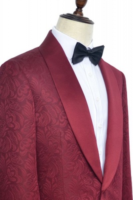 Deep Red Jacquard 3 Pockets Shawl Collar Custom UK Wedding Suit | Single Breasted One Button Custom British Men Suits UK Tuxedos_2