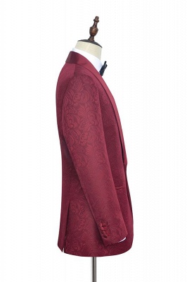 Deep Red Jacquard 3 Pockets Shawl Collar Custom UK Wedding Suit | Single Breasted One Button Custom British Men Suits UK Tuxedos_3