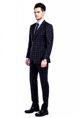Wool Single Breasted Dark Grey Blue Plaid British Men Suit | Latest Design Notched Lapel Two Button UK Wedding Suit_1