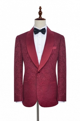 Deep Red Jacquard 3 Pockets Shawl Collar Custom UK Wedding Suit | Single Breasted One Button Custom British Men Suits UK Tuxedos_1