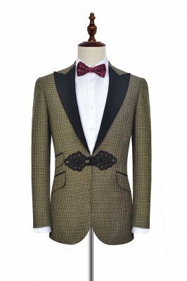 New Trendy Aureate Small Grid Wool Custom UK Wedding Suit For Bestman | Chinese Knot Peak lapel 3 Pocket Formal British Men Suits UK_3