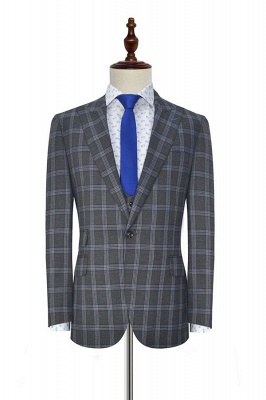 Dark Grey Large Lattice Peak lapel Three-piece Suit For Formal | New Trendy 3 Pocket Single Breasted UK Wedding Suit For Men_2