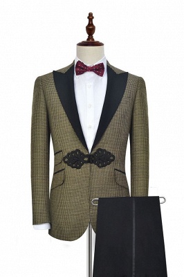 New Trendy Aureate Small Grid Wool Custom UK Wedding Suit For Bestman | Chinese Knot Peak lapel 3 Pocket Formal British Men Suits UK_2