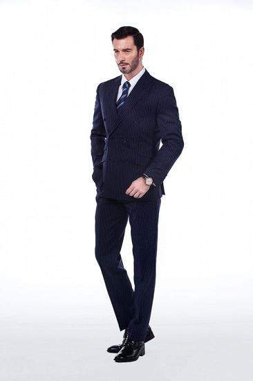 Fashion Double Breasted Navy Blue Made to Measure Suit | Modern Stripe Peak Lapel UK Wedding Suit For Men_2