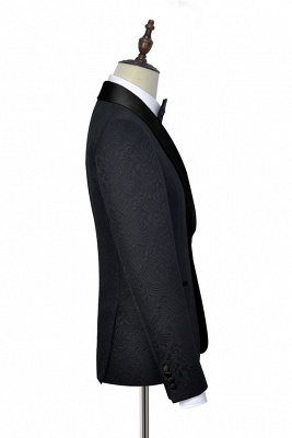 Pure Black Jacquard Shawl Collar One Button Custom Made Suit UK | New Arrival 3 Pockets Single Breasted Slim Fit Groomsman Suit_5